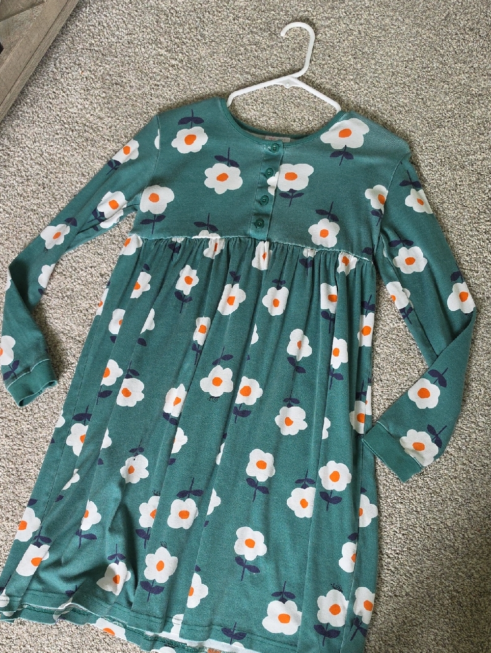 Hanna Andersson Green Floral Long Sleeve Dress with White & Orange Flowers
